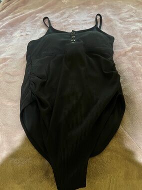 Black Ribbed Spaghetti-Strap Bathing Suit with Button Front